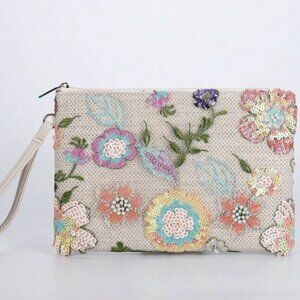 Gorgeous Sequin & Bead flower‎ Bag Purse wristlet NEW